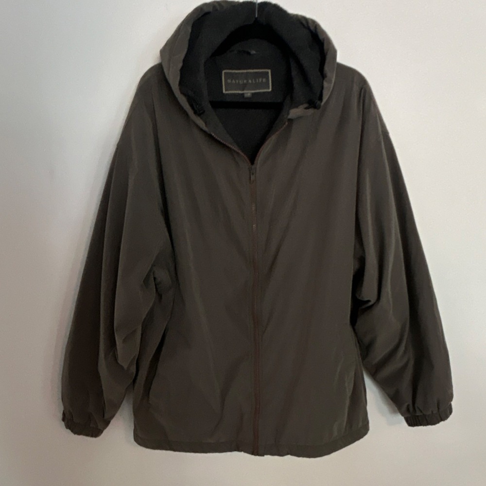 Natural Life Men's Brown Hooded Jacket Full Zip‎ Lined Hood Size L/0 Olive green